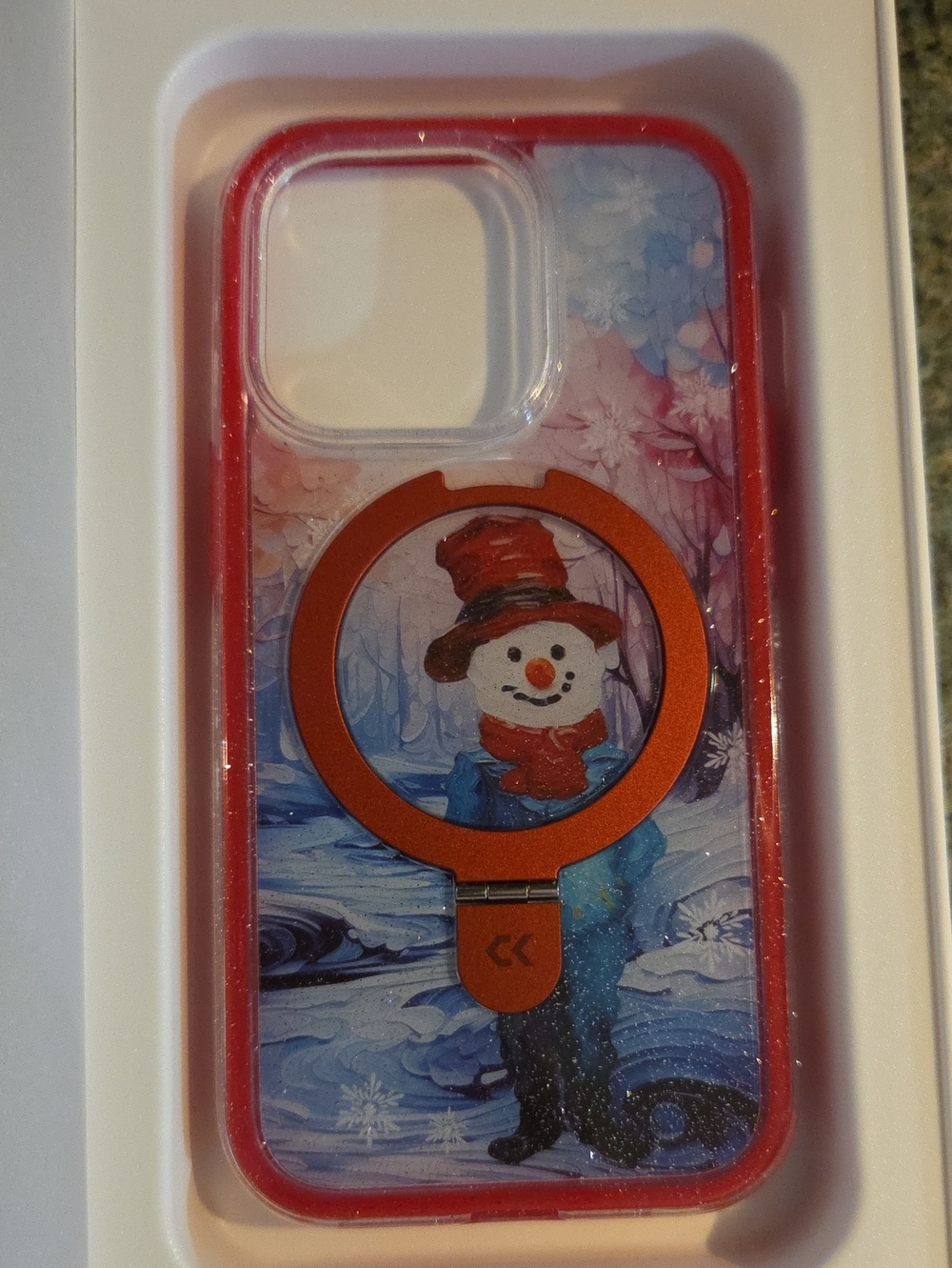 Red Snowman Phone Case with Built-In Ring Grip